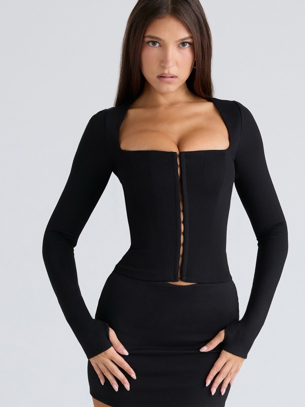House of CB Black Long-Sleeve Hook-Front Corset Top